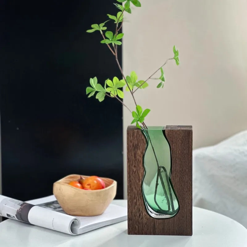 Transparent Glass Vase with Solid Wood Base