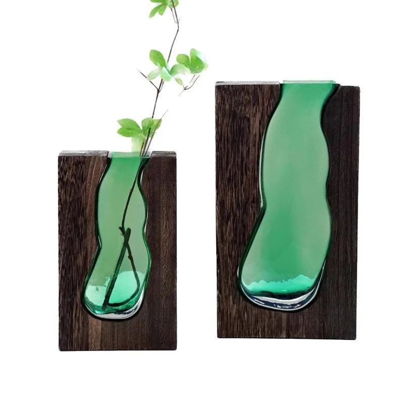 Transparent Glass Vase with Solid Wood Base